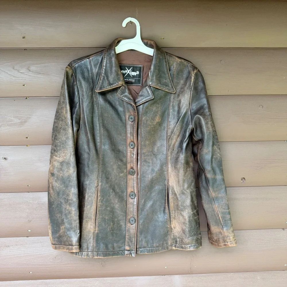 Wilsons Leather Maxima Jacket Womens Large Brown Distressed Button Up Coat